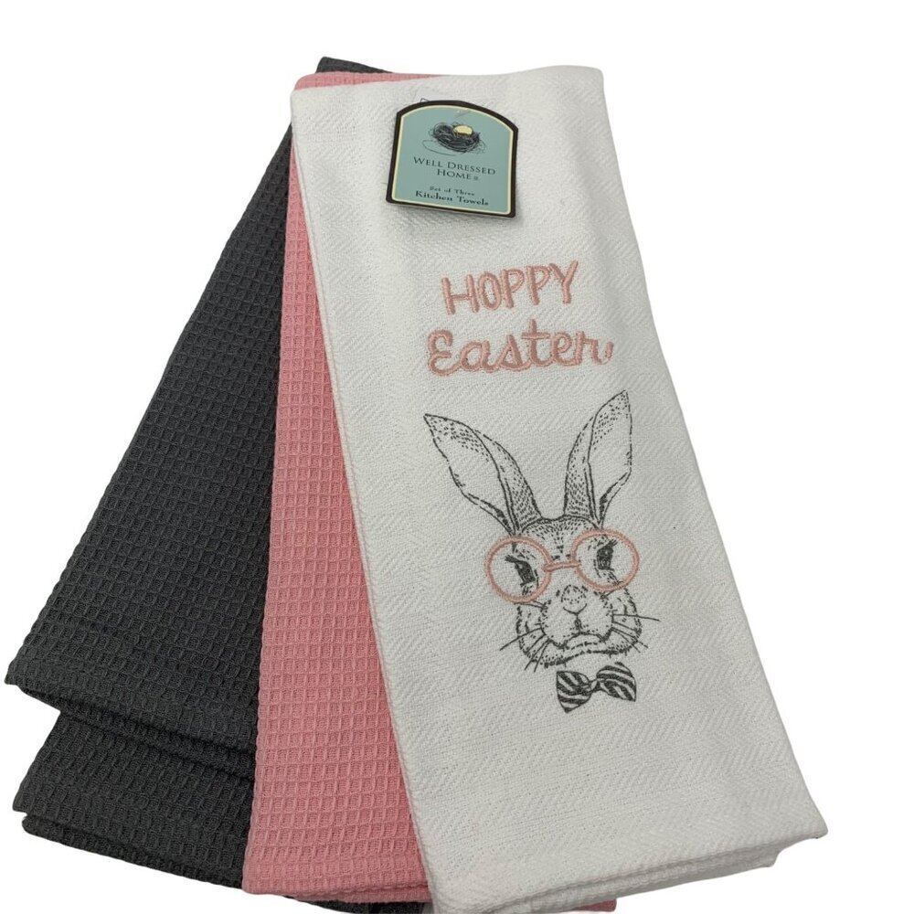Farmhouse Easter Kitchen Towels Spring Holiday Bunny Rabbit Home Decor Pink Gray